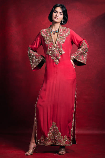 Fuchsia pink gota embroidered kaftan