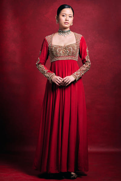 Red pearl embellished anarkali set