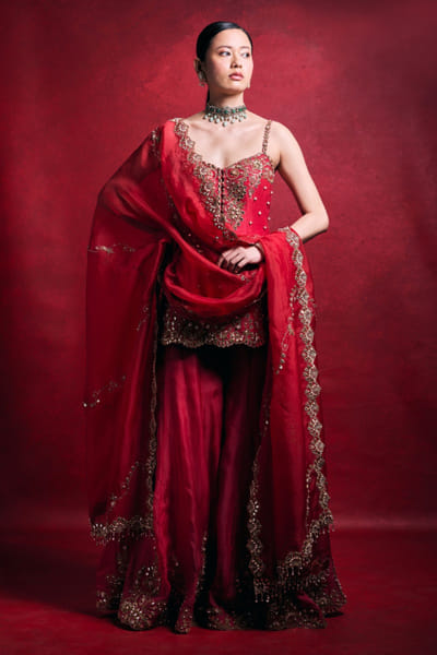 Tamanna Punjabi Kapoor Red and pink pearl embellished sharara set TAMMAR26D141471