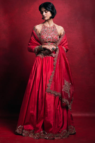 Fuchsia pink stone embellished lehenga set