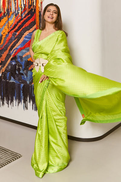 Lime yellow houndstooth woven sari set