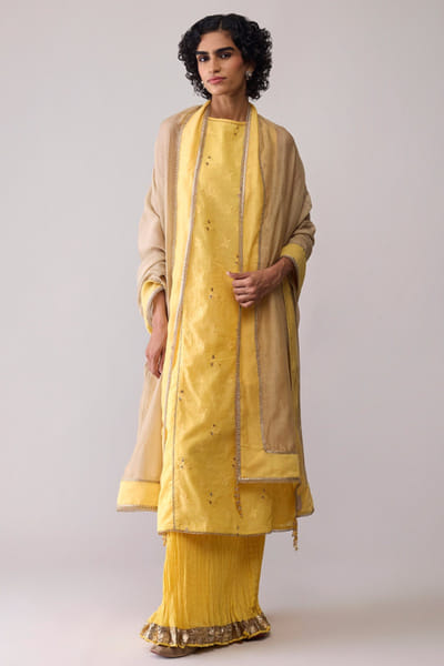 Yellow embroidered kurta and lehenga set