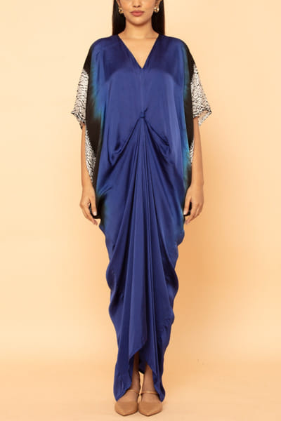 Blue shibori draped dress