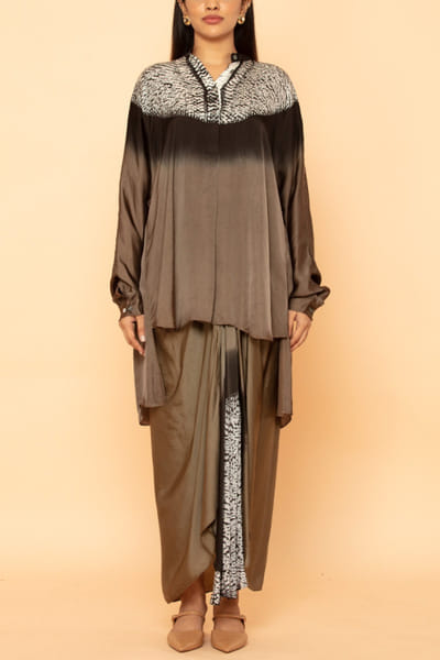 Brown shibori kurta and draped skirt
