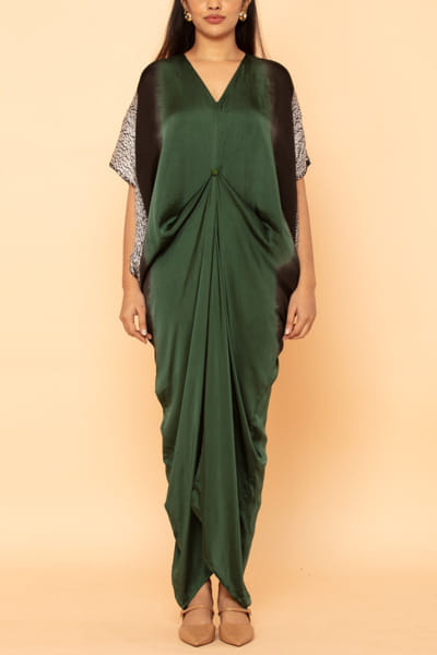 Green shibori draped dress
