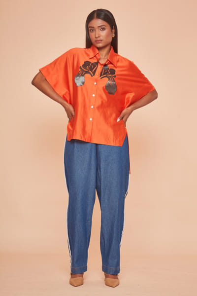 Orange floral applique asymmetric kaftan shirt