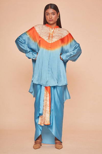 Blue and orange shibori dyed drape skirt set