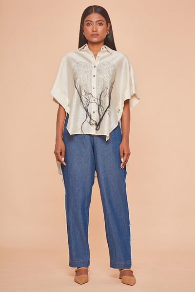 Ivory heart kantha stitched kaftan shirt