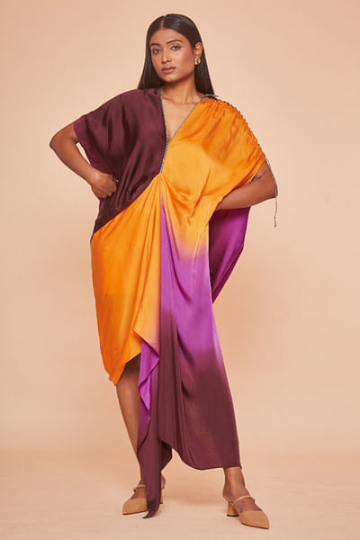 Multicolour ombre asymmetric draped kaftan