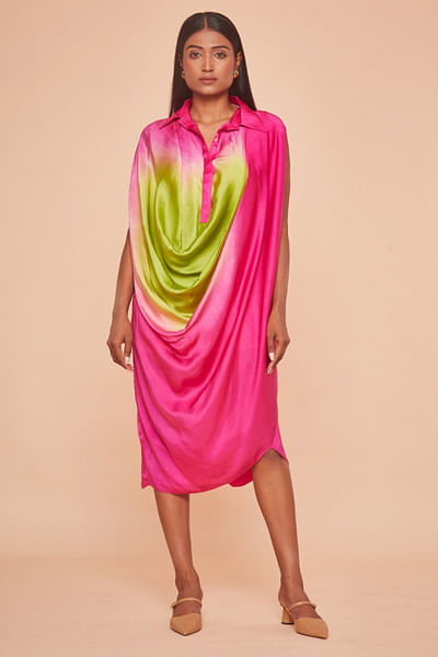 Fuschia and green ombre draped shirt dress