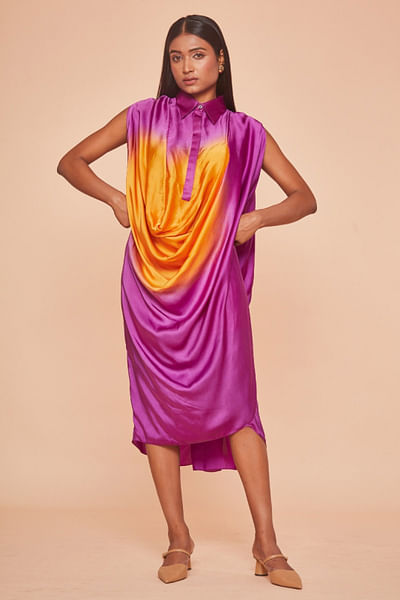 Purple and saffron ombre draped shirt dress