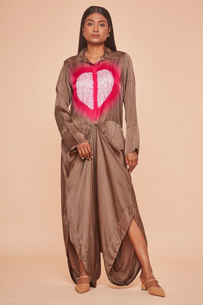 Grey and fuschia shibori dyed drape jumpsuit