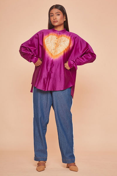 Purple and saffron heart shibori dyed shirt