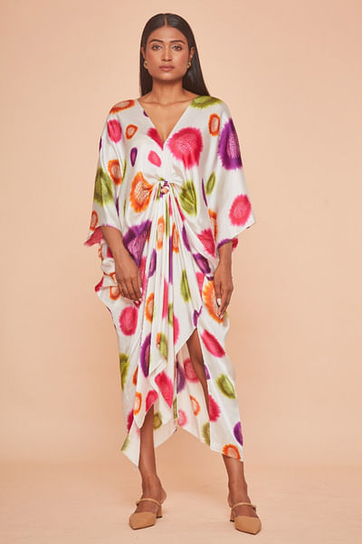 Multicolour polka tie-dye knotted kaftan