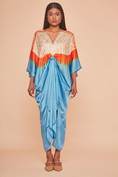Blue and orange shibori dyed knotted kaftan