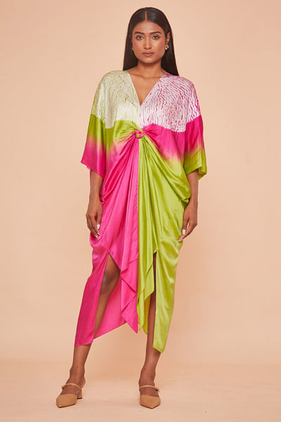 Pink and green shibori dyed knotted kaftan