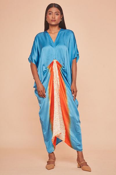 Blue and orange shibori dyed draped kaftan