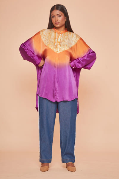Purple and saffron shibori dyed satin shirt