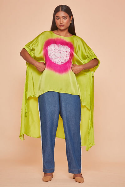 Green and pink shibori dyed high-low top