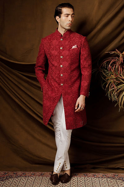 Wine embroidered sherwani