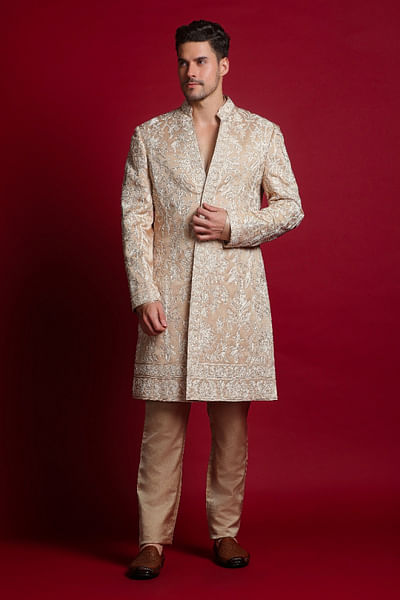 Ivory floral Kashmiri embroidered jacket set