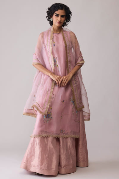 Pink zari-dabka embroidered kurta sharara set