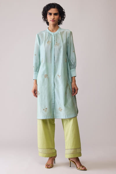 Mint embroidered chanderi kurta set