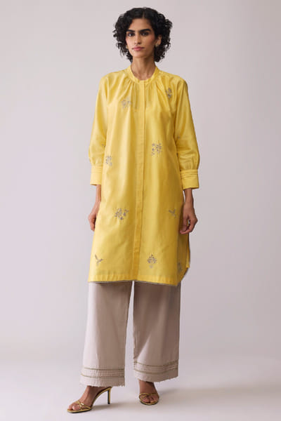 Yellow embroidered chanderi kurta set