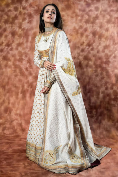 Ivory silk thread embroidered anarkali set