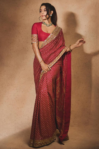 Red zardozi embroidered sari set