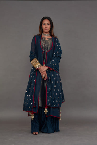 Iqbal Hussain Midnight blue gota embroidered jacket kurta set IQBDEC25D134857
