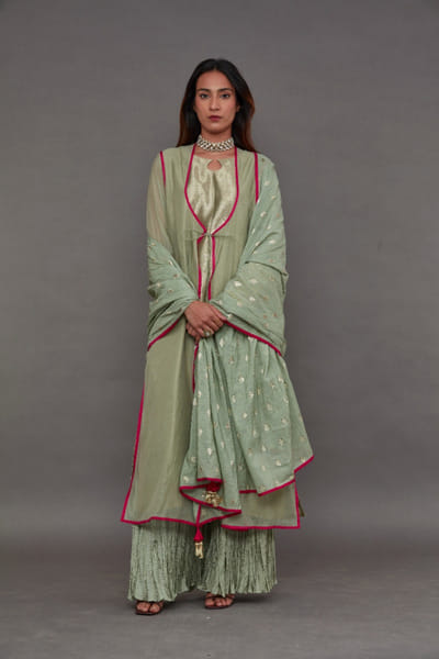 Iqbal Hussain Mint green gota embroidered jacket kurta set IQBDEC25D134858