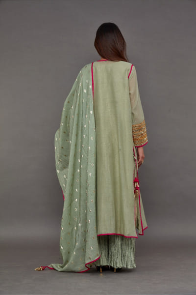 Iqbal Hussain Mint green gota embroidered jacket kurta set IQBDEC25D134858