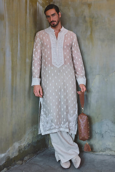 Off-white chikankari embroidered kurta set