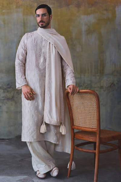 Taupe chikankari thread embroidered kurta set
