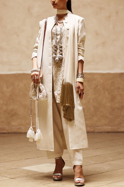 Ivory stripe embroidered sherwani kurta set