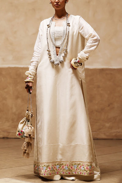 Ivory stripe and floral embroidered kurta set