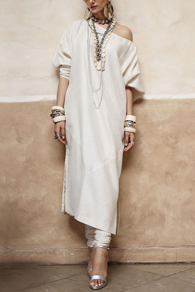 Ivory stripe embroidered off-shoulder kurta set