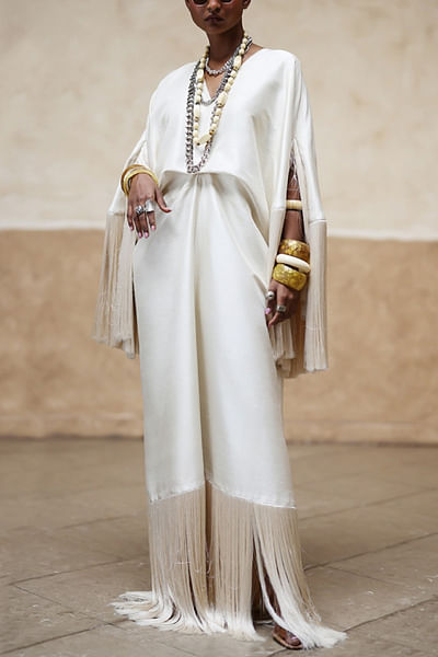 Ivory fringed kaftan dress