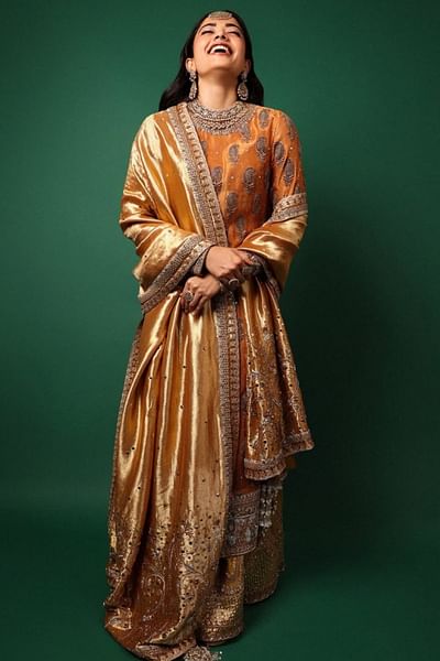 Mustard paisley embroidery kamdani kurta set