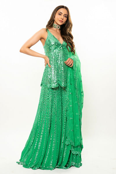 Green mirror work sharara set