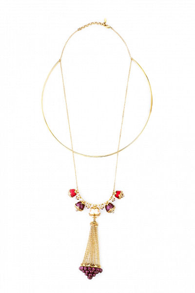 Multi-colour pearl tassel necklace