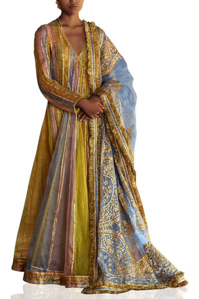 Itrh Sky blue and gold block printed angrakha set ITH1001A