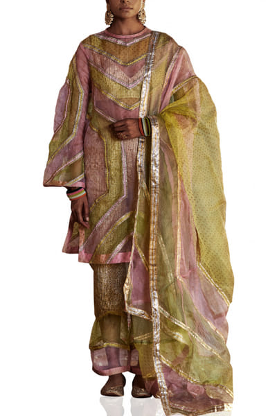 Multicoloured block printed kurta set