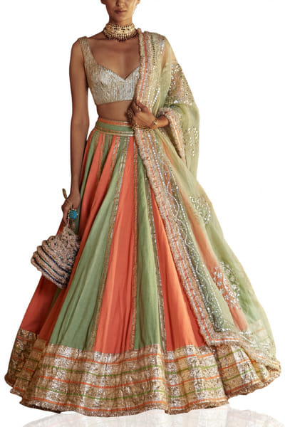 Peach and mint panalled lehenga set