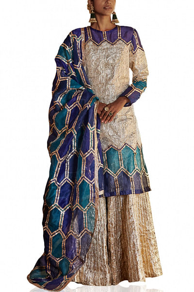 Peacock blue and silver embellished kurta sharara set