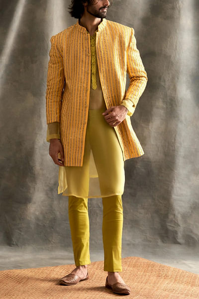 Yellow embellished jacket set