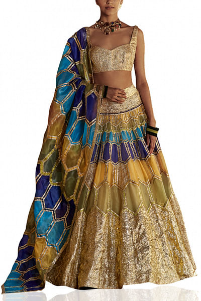 Multicoloured and gold patterned lehenga set