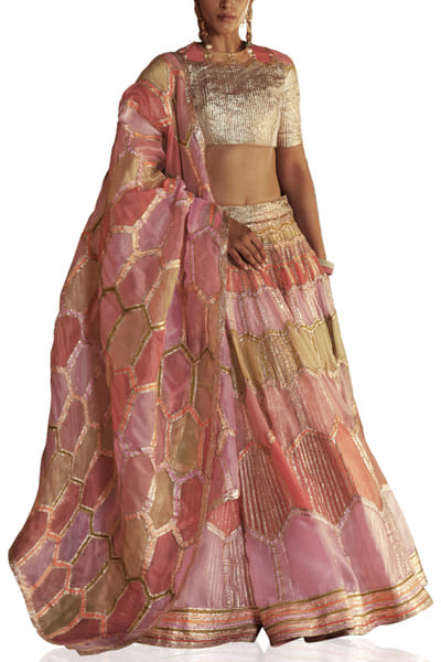 Multicoloured honeycomb patterned lehenga set