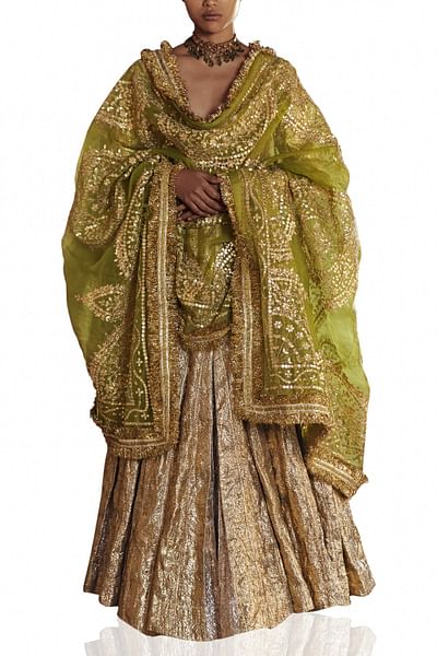 Gold and olive green embellished anarkali set